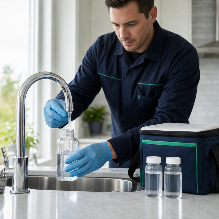 Technicien prélevant un échantillon d’eau potable au robinet